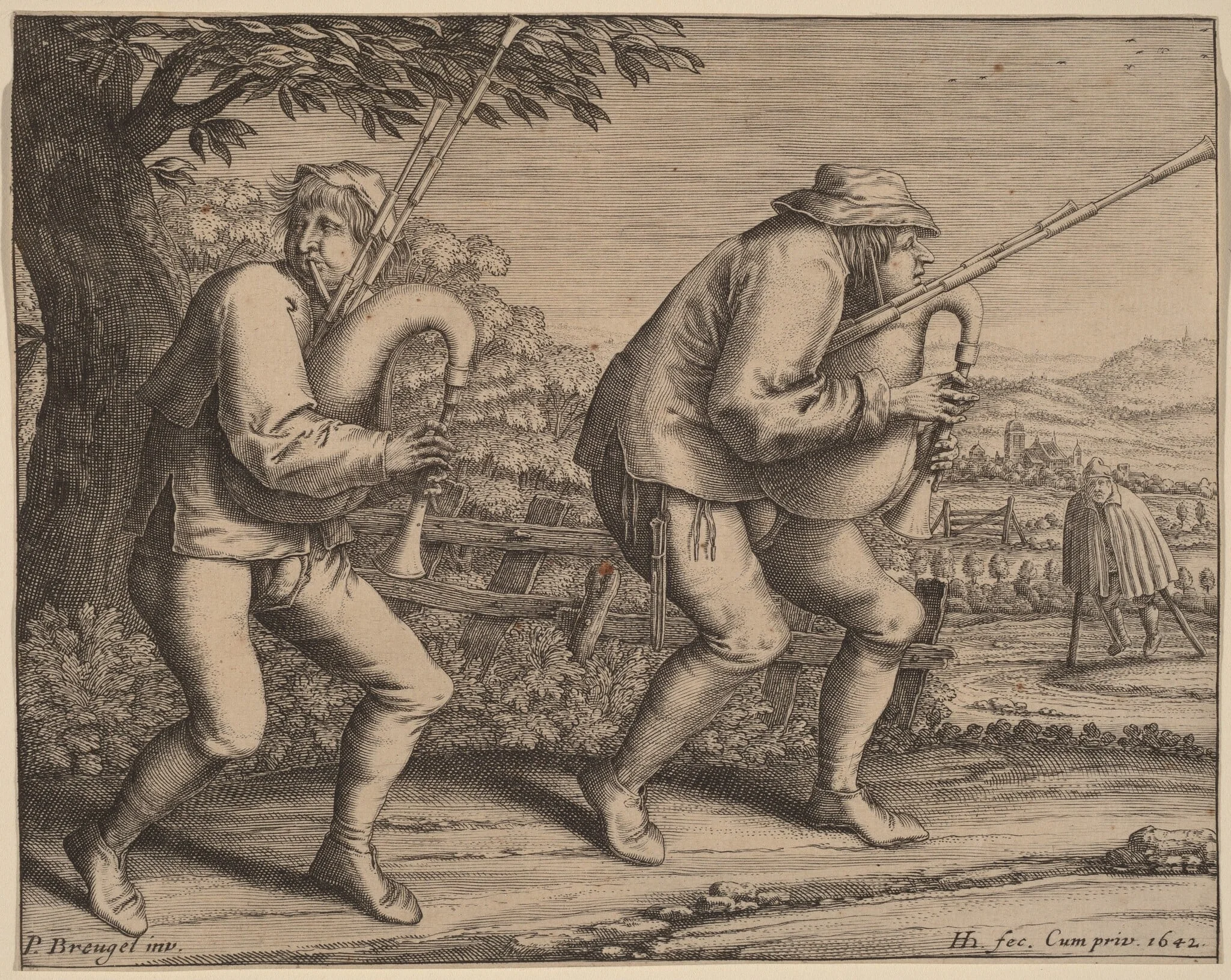 Two Bagpipe Players, by Hendrik Hondius I, ink, 1642