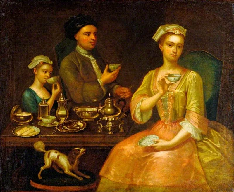 A Family of Three at Tea, by Richard Collins, oil, 1727