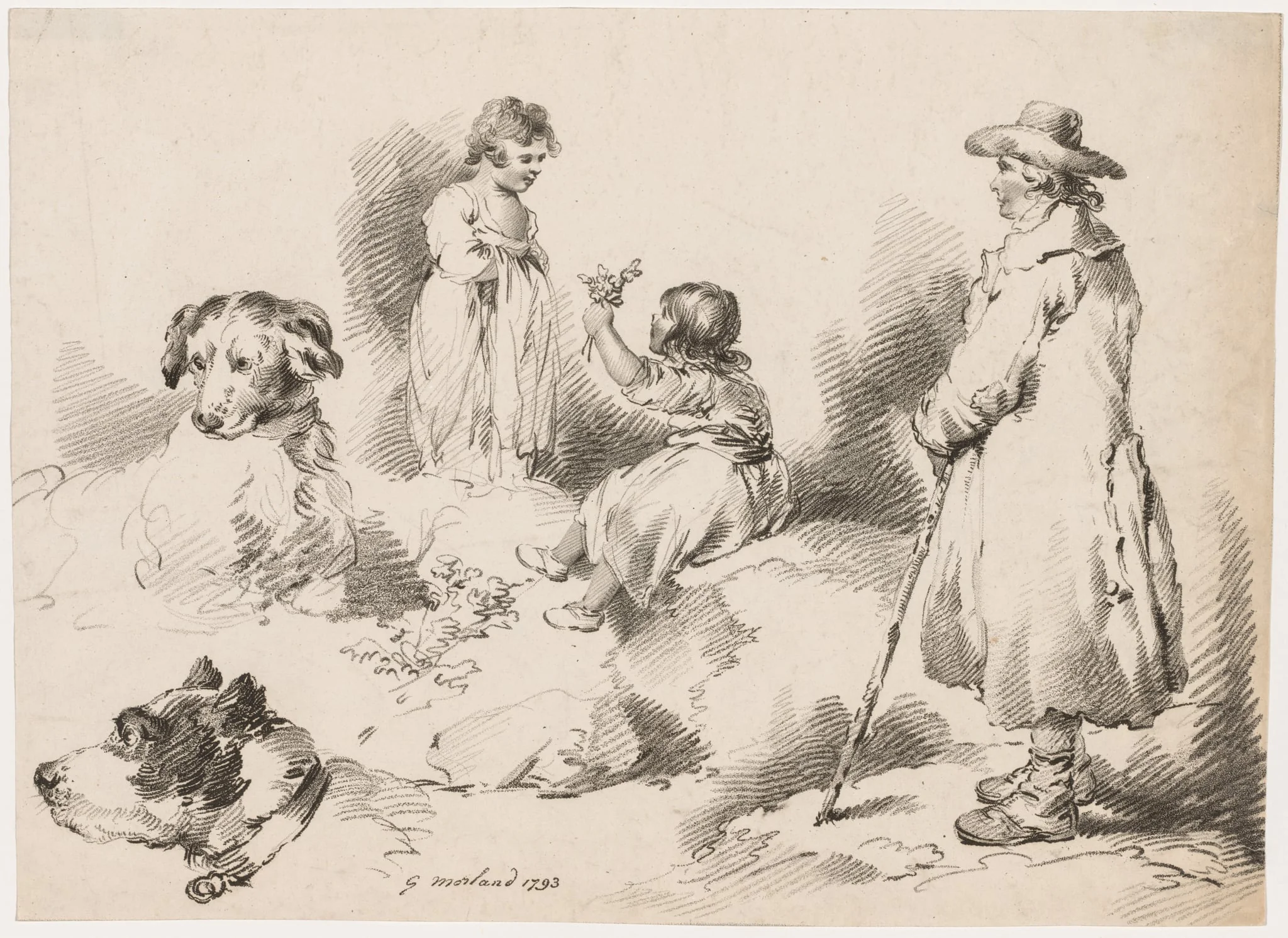 Studies of Children (Two Little Girls); Two Dogs; A Man, by George Morland, 1793