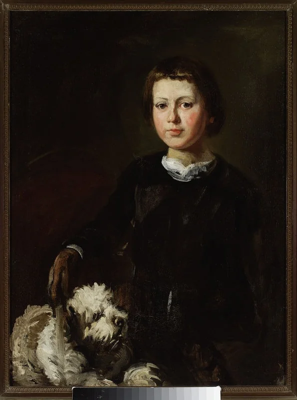 Portrait of artist’s won with a dog