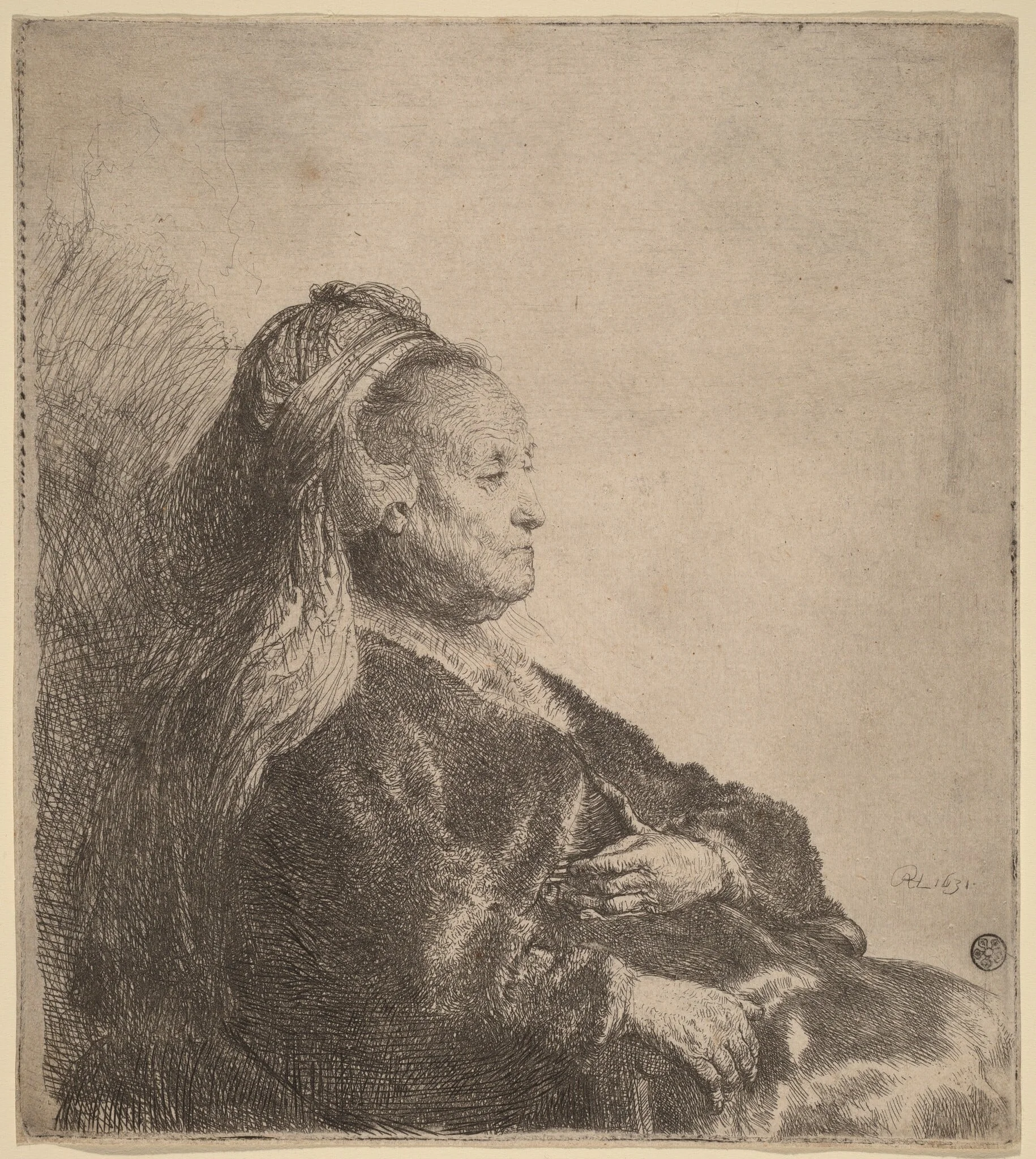 The Artist's Mother Seated, in an Oriental Headdress, by Rembrandt, ink, 1631