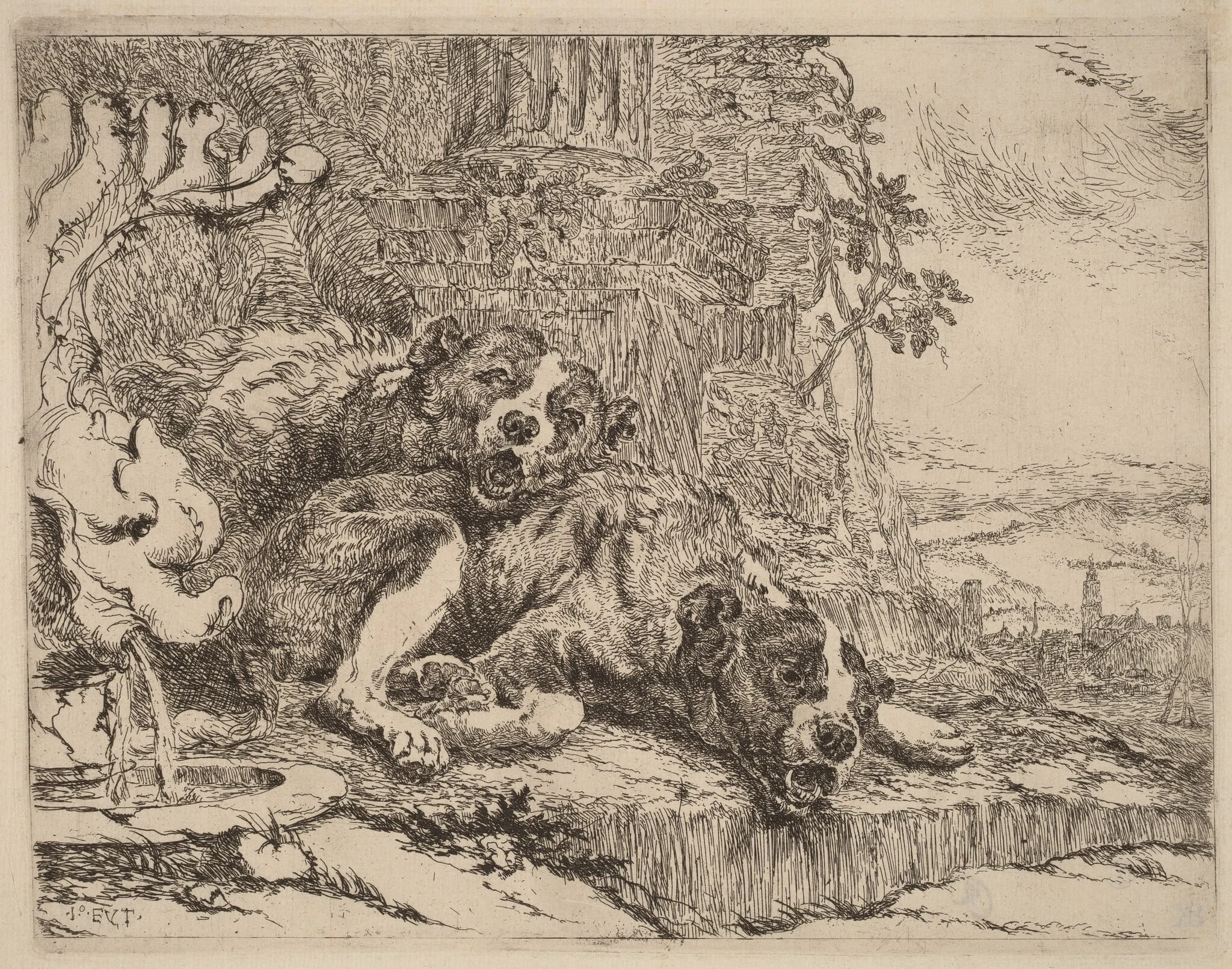 Two Mastiffs beside a Fountain