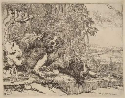 Two Mastiffs beside a Fountain