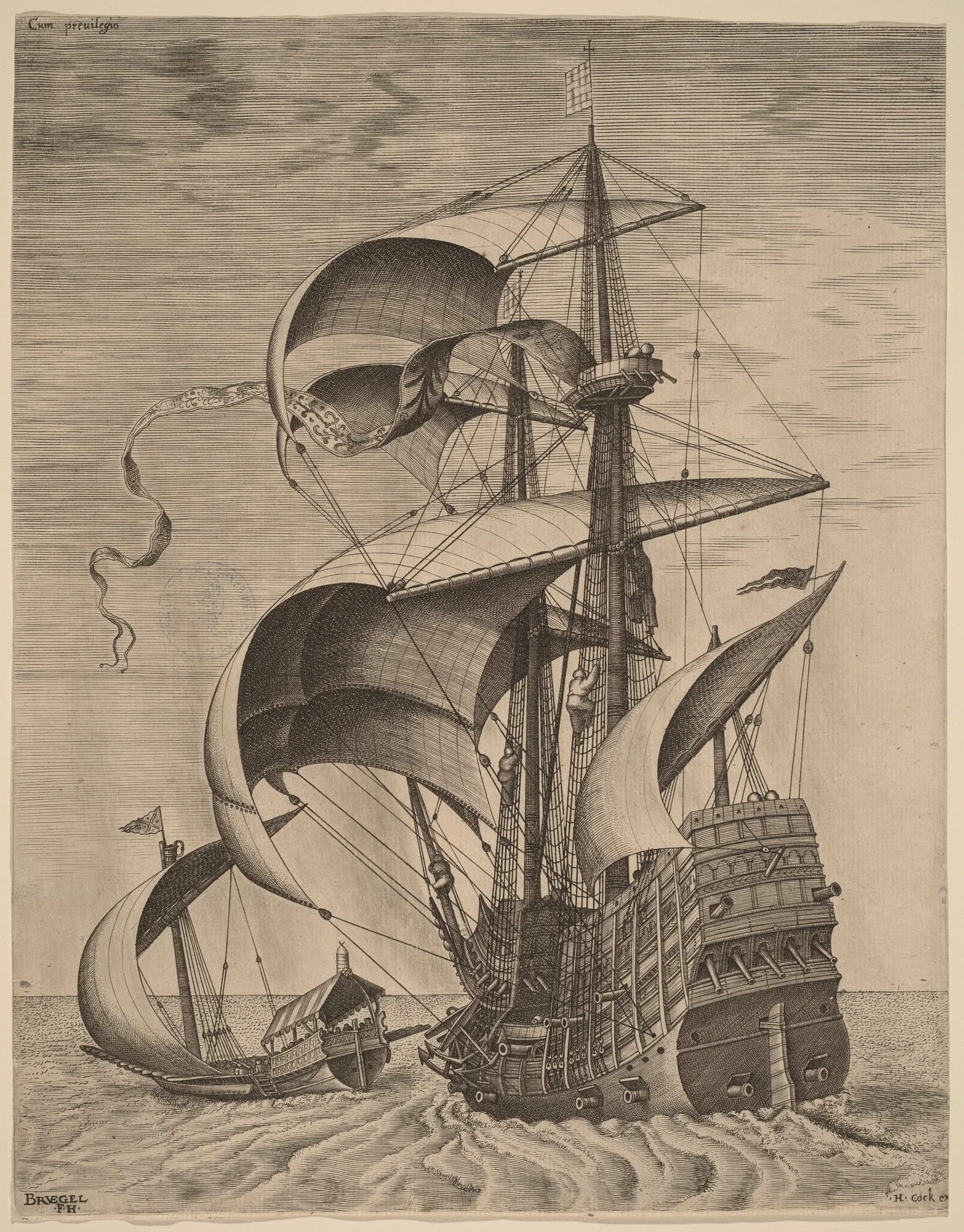 Armed Three-Master on the Open Sea, Accompanied by a Galley, by Frans Huys, ink, 1542