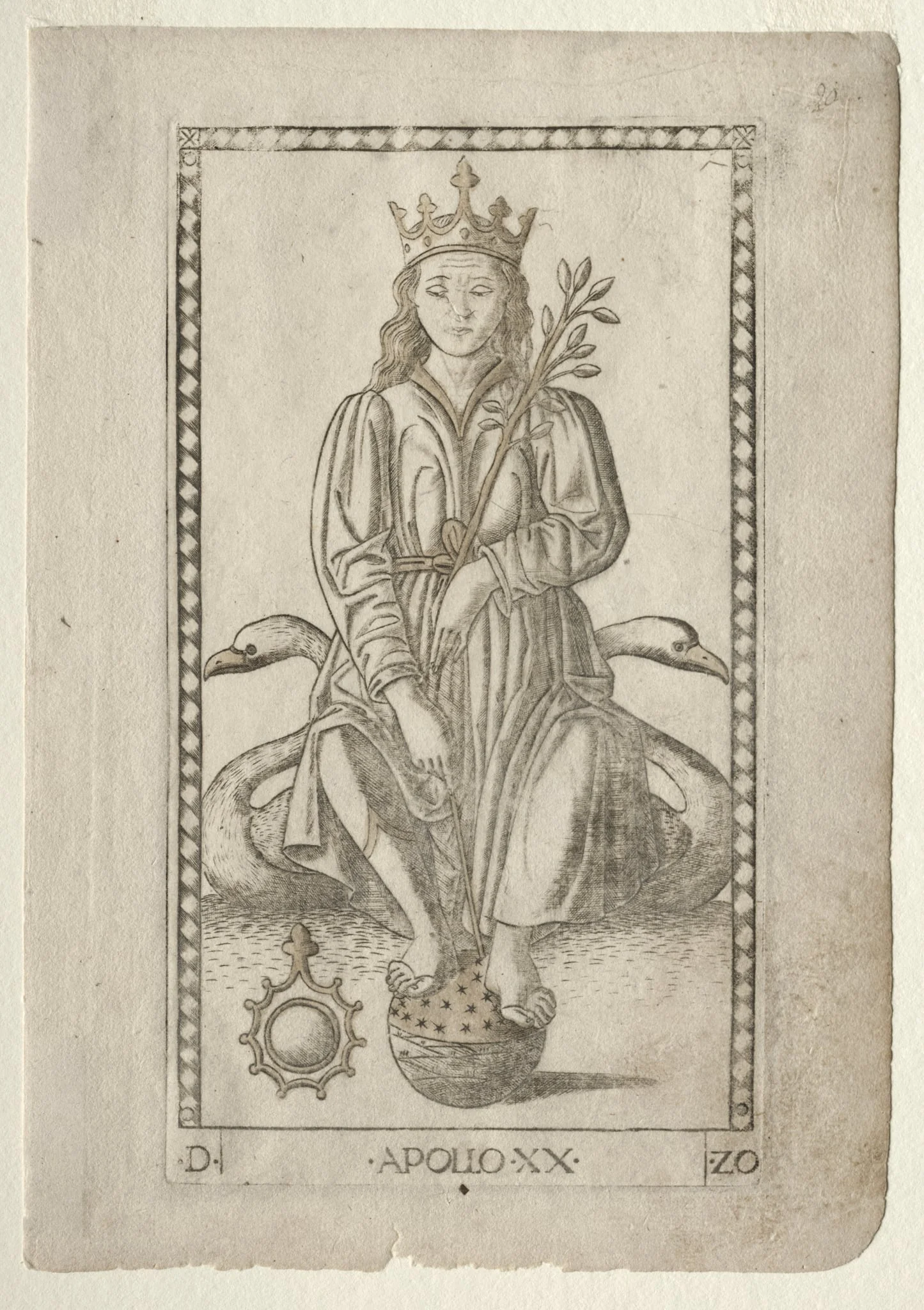 Apollo (from the Tarocchi, series D:  Apollo and the Muses, #20), by Master of the E-Series Tarocchi, 1467