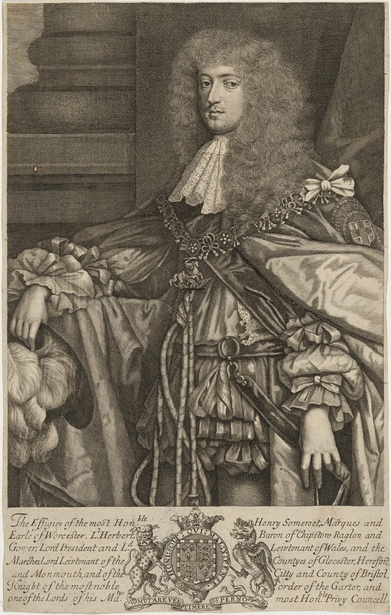 Henry Somerset, Earl of Worcester, First Dukeof Beaufort, by Robert White, ink, 1679