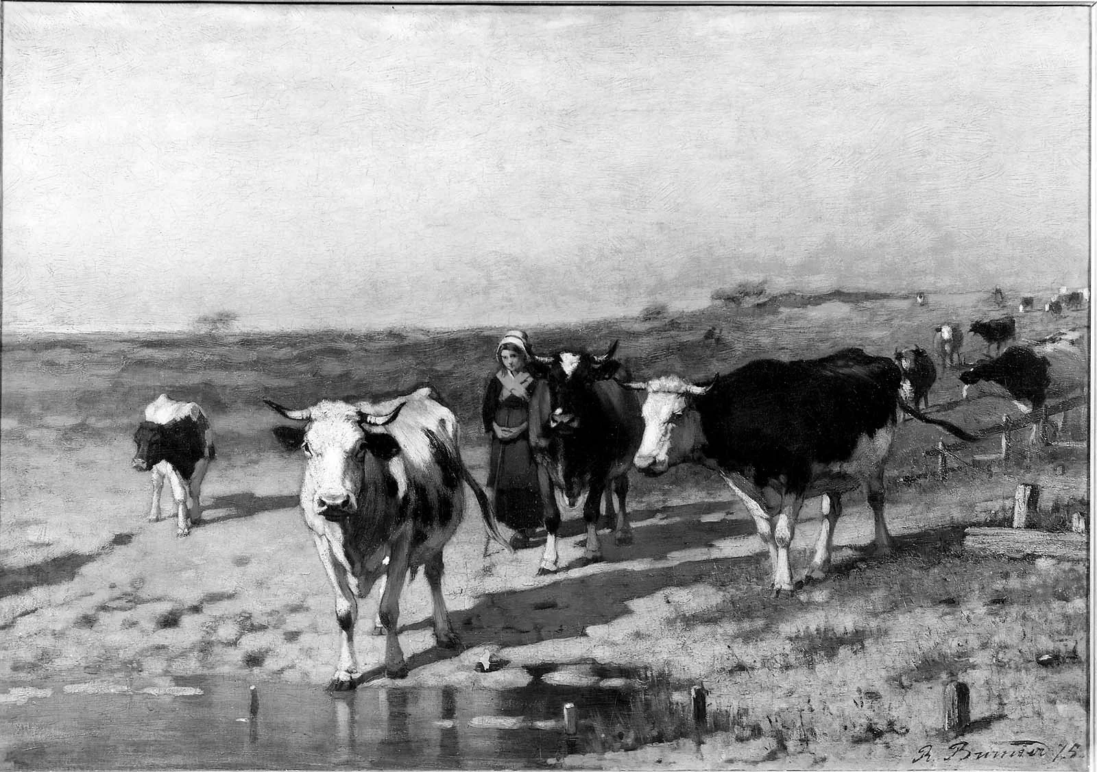 Girl Tending Cows, by Richard Burnier, oil, 1865