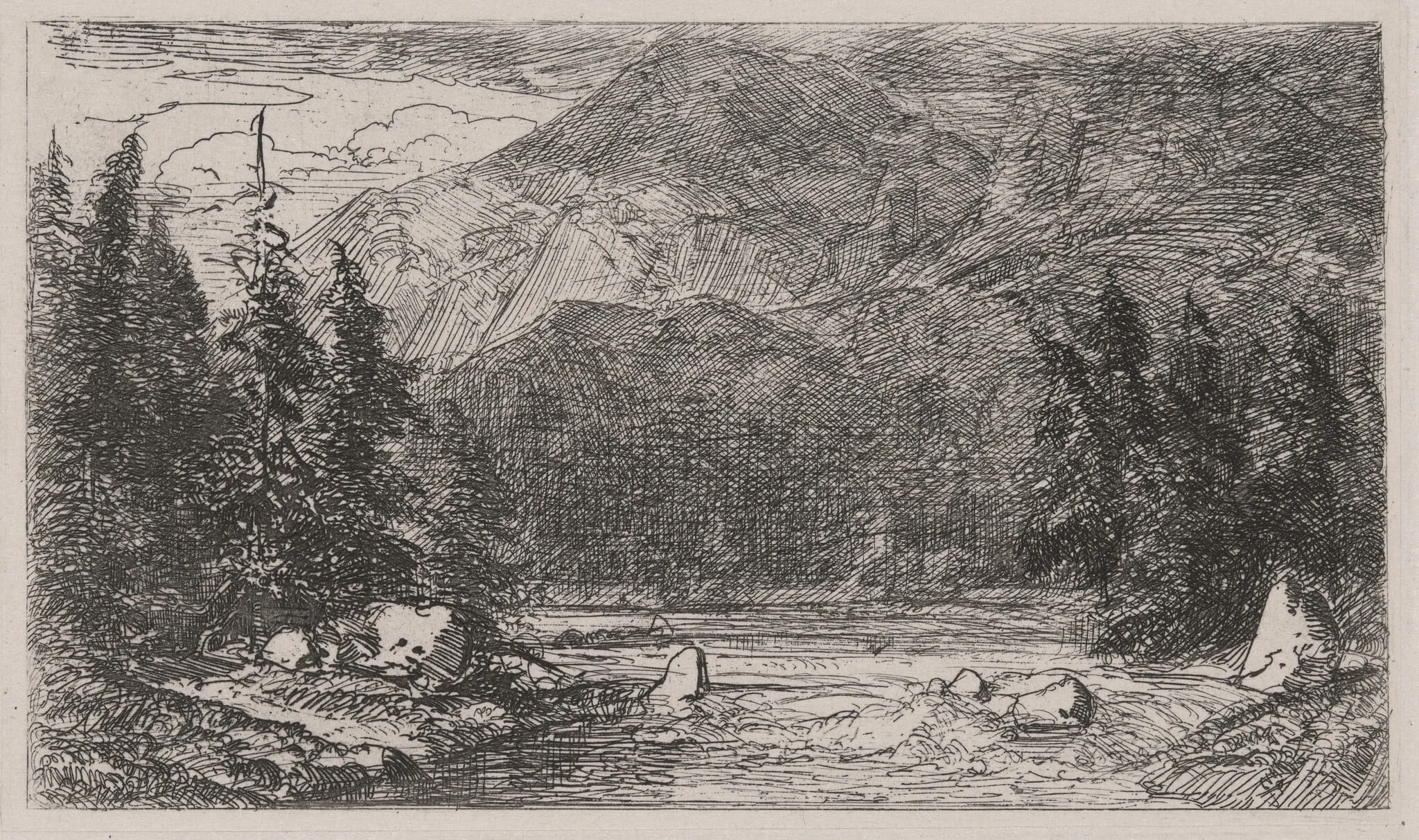 Mountain Stream with Rapids, by Caspar Johann Nepomuk Scheuren, ink, 1842