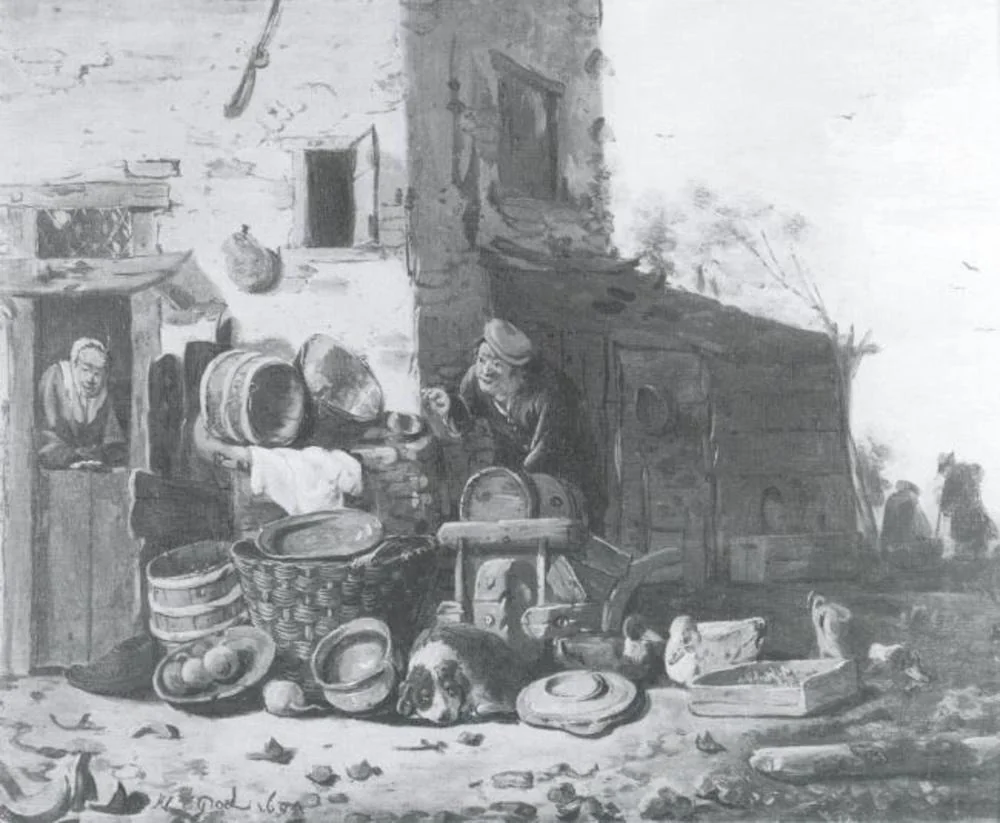 Outside a Decayed Cottage, by Adriaen Lievensz. van der Poel, oil, 1674