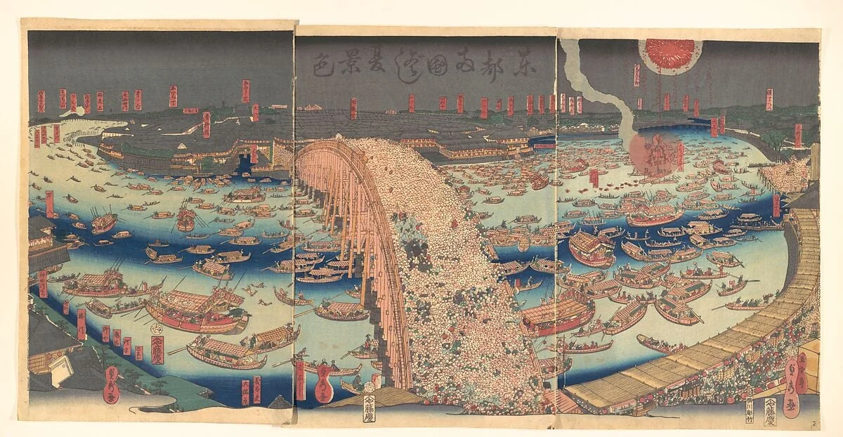 Tōtō Ryōgokubashi natsu keshiki|Panoramic View of Ryōgoku Bridge in the Summer, by Utagawa (Gountei) Sadahide, ink, 1843