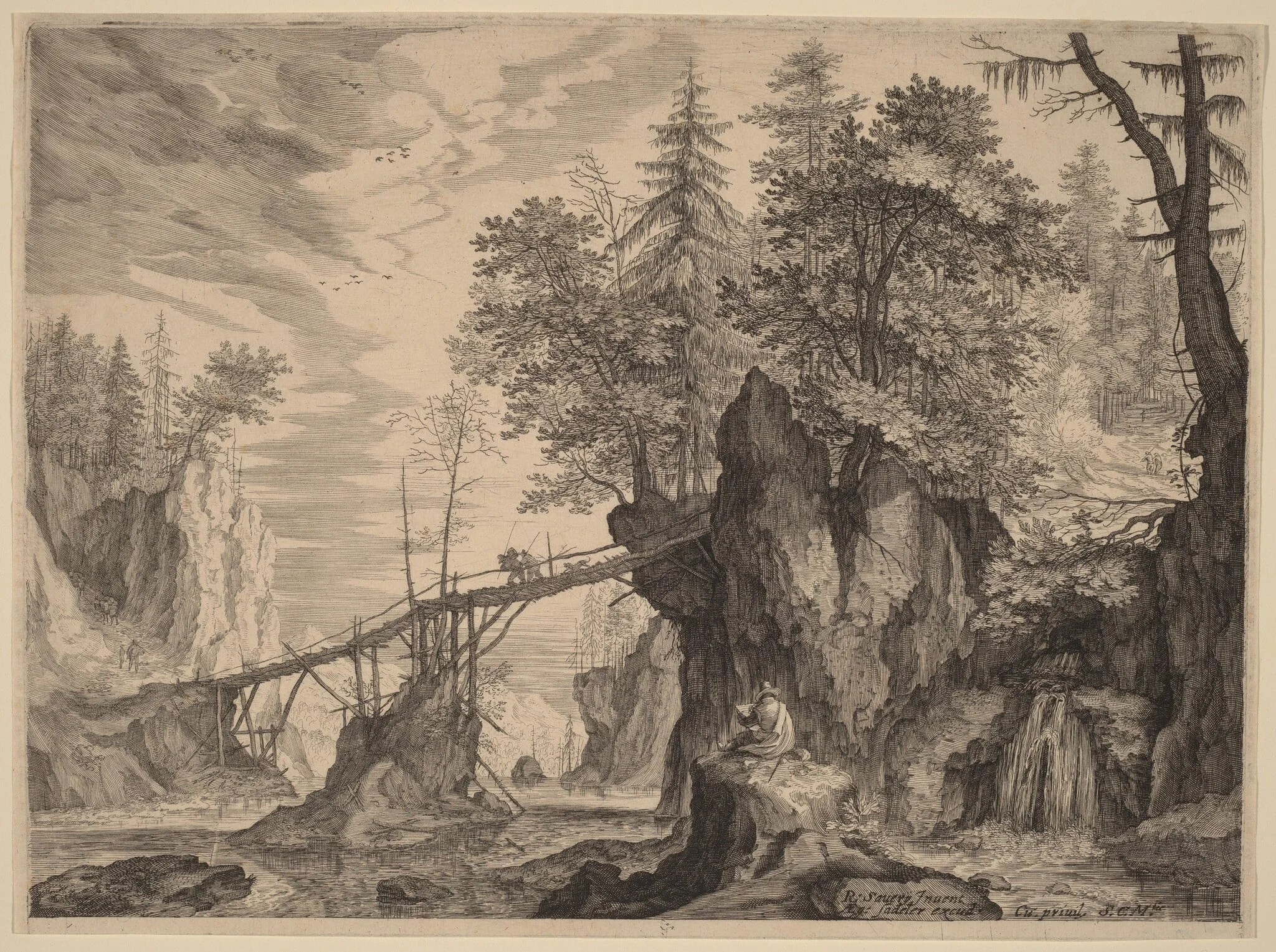 Draughtsman on a Stone before a Bridge, by Aegidius Sadeler II, ink, 1609