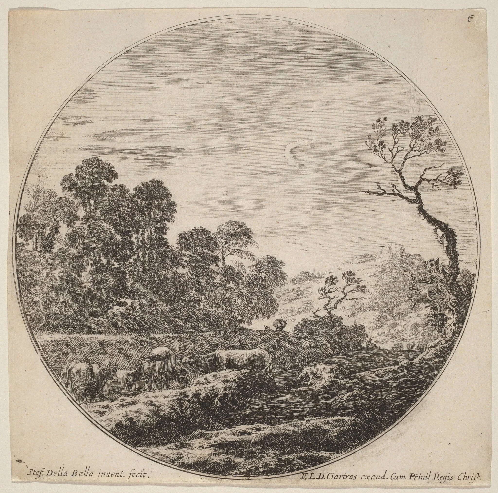Cows Grazing in a Valley, by Stefano Della Bella, ink, 1646