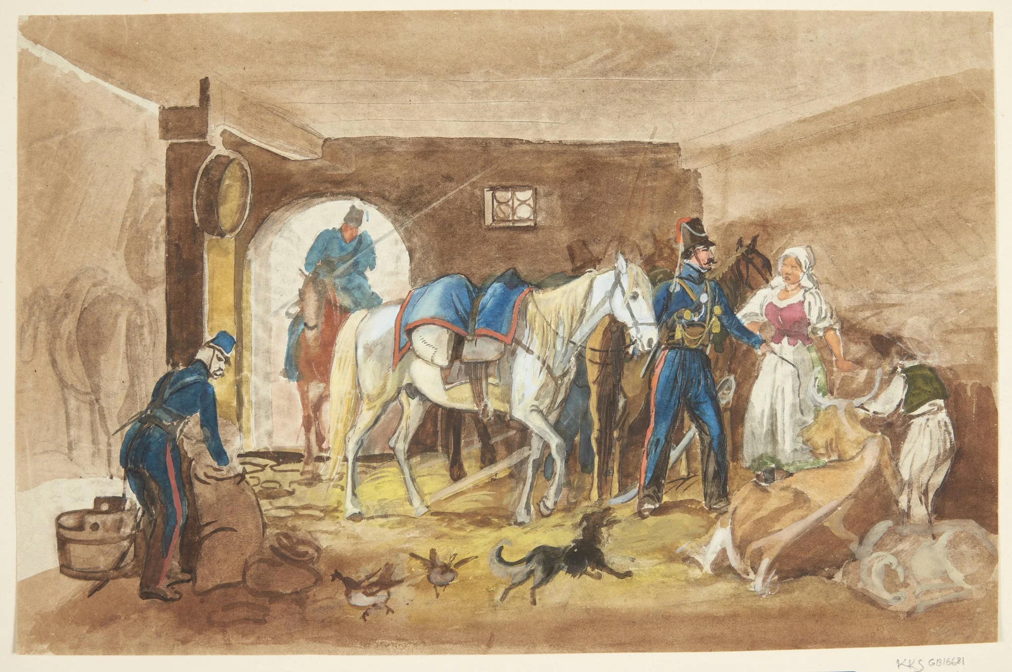 Kavalerister i en stald, by Unknown, unspecified, 1750