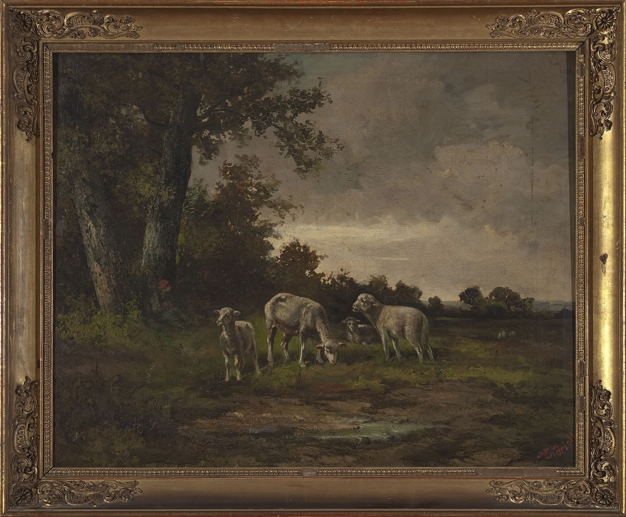 Sheep in the meadow at the forest edge, by Michał Elwiro Andriolli, oil, 1874