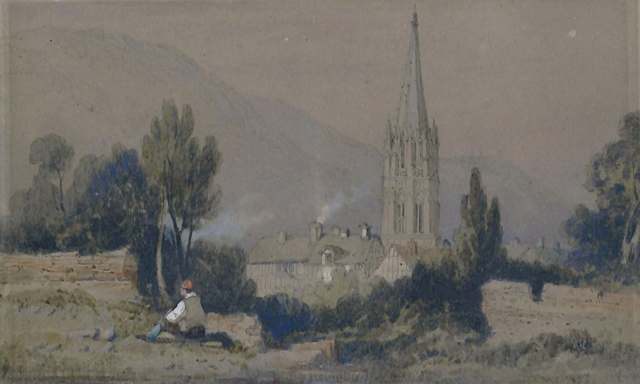 Landscape with church and cottages, by Richard Parkes Bonington, watercolor, 1822