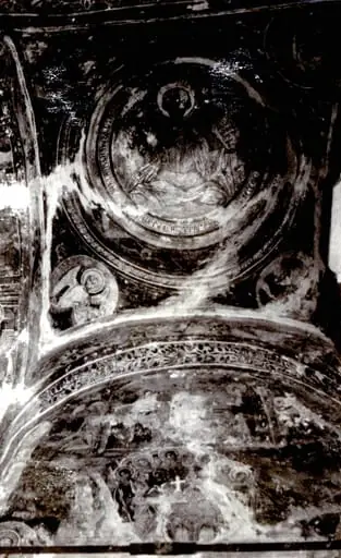 Detaliu de pe fresca din pridvorul monumentului istoric din satul Scoica, comuna Andreești, județul Gorj (1990)