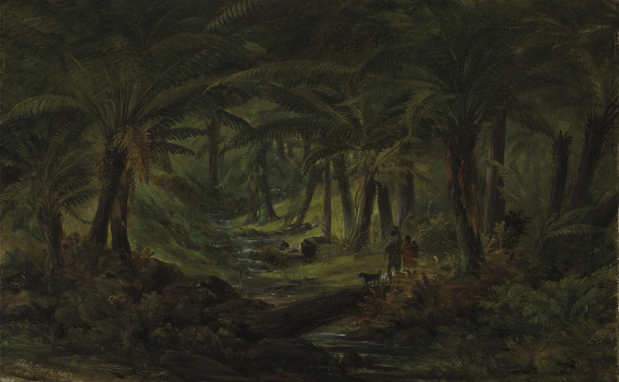 Fern gully with Aboriginal family, by Thomas Clark, oil, 1863