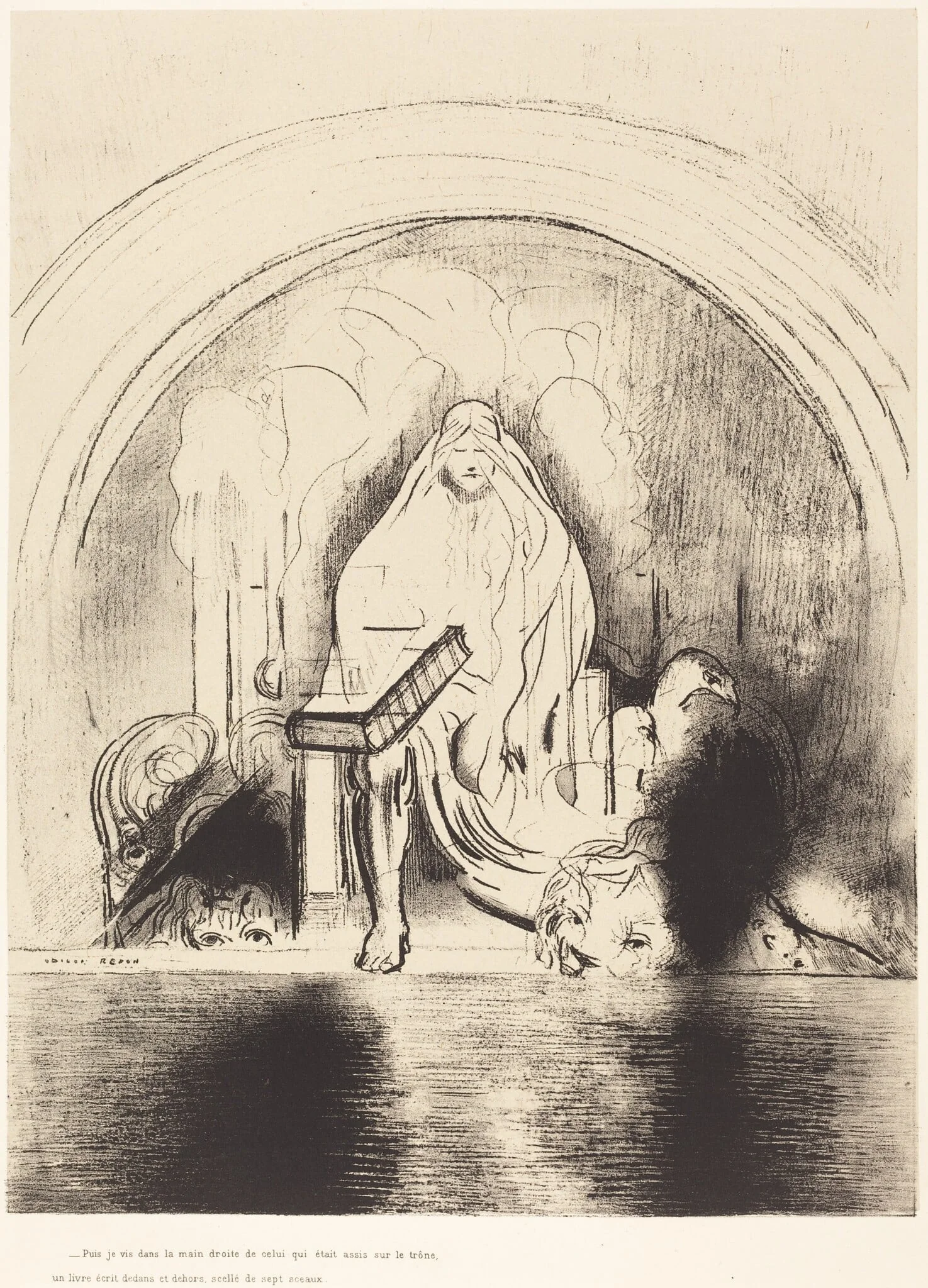 Puis je vis, dans la main droite de celui quietait assis sur le trone, un livre ecritdedans et dehors, scelle de sept sceaux (And I saw in the right hand of him that sat on the throne a book written within and on the backside, sealed with seven seals ), by Odilon Redon, ink, 1899