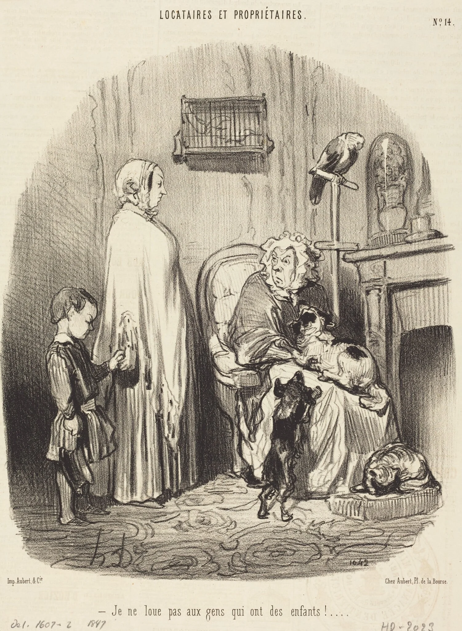 Je ne loue pas aux gens qui ont des enfants!, by Honoré Daumier, ink, 1847