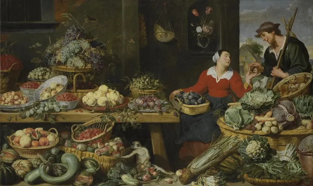 Market scene with fruit and vegetables, and an amorous couple