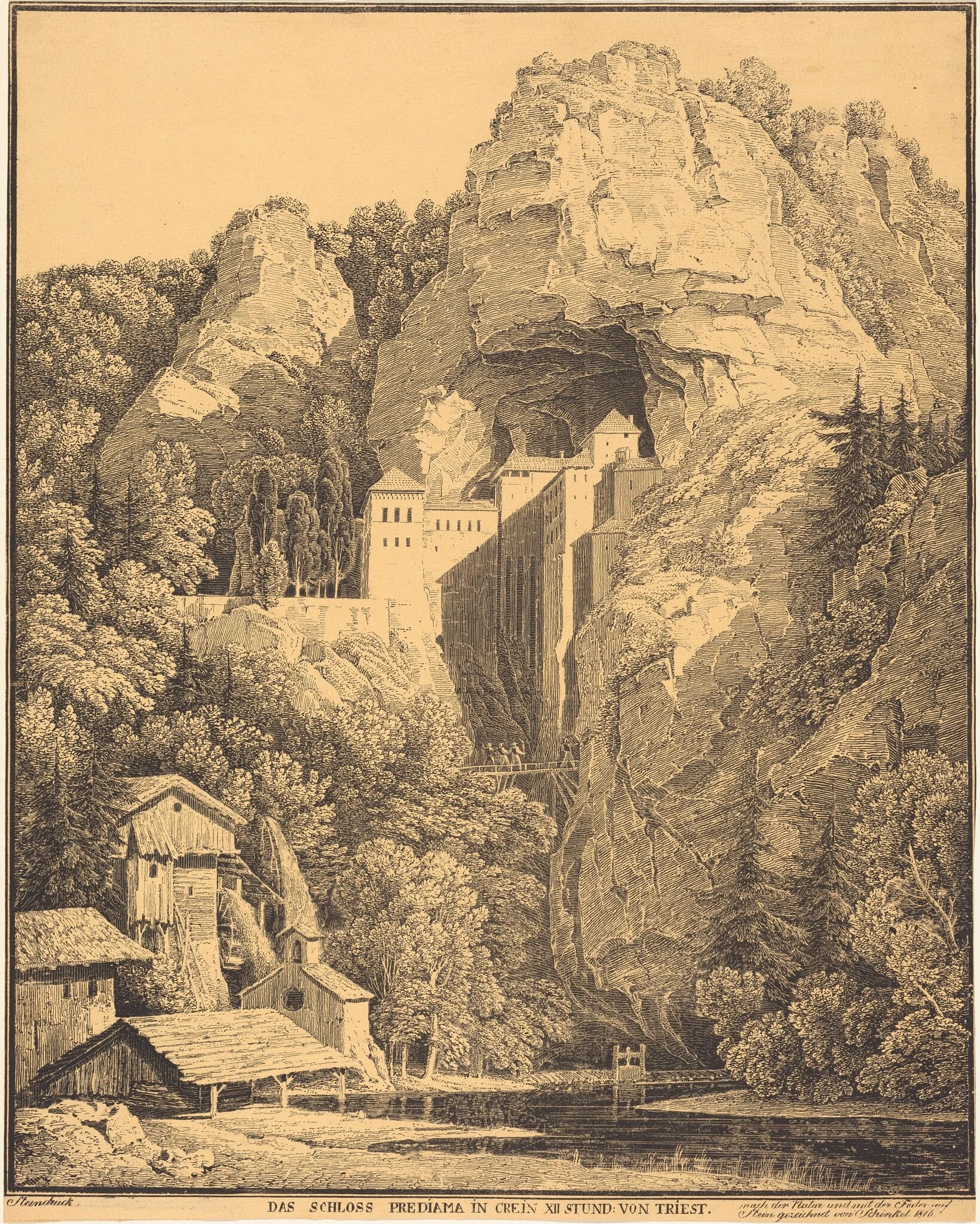 Das Schloss Prediama in Crein XII Stund: von Triest (Predjama Castle in Carniola, Twelve Hours from Trieste), by Karl Friedrich Schinkel, ink, 1816