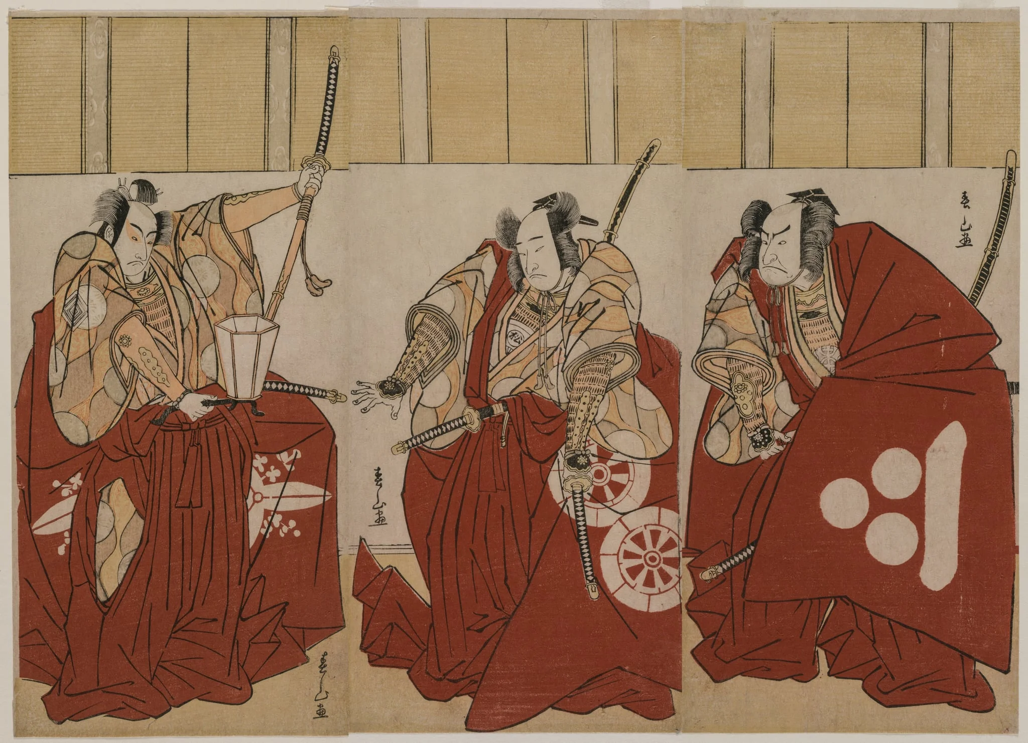 Ichikawa Monnosuke II as Urabe Suetake, Onoe Matsusuke I as Usui Sadamitsu, and Nakamura Nakazo I as Watanabe no Tsuna in “The Four Heavenly Kings Costumed as the Night Watch”, by Katsukawa Shunzan, 1781