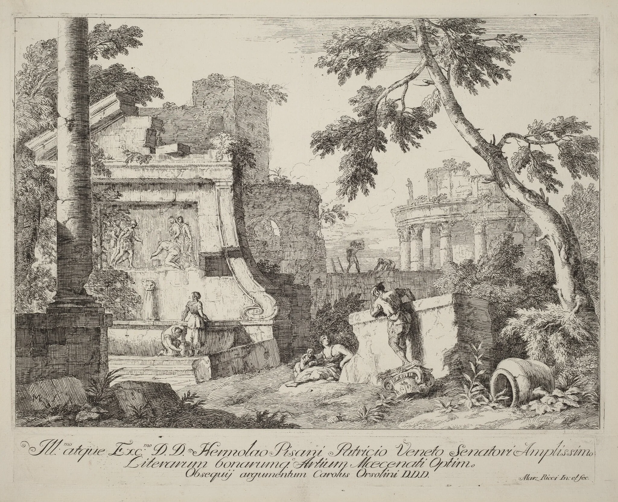 Landscape with Ruins, by Marco Ricci, ink, 1702