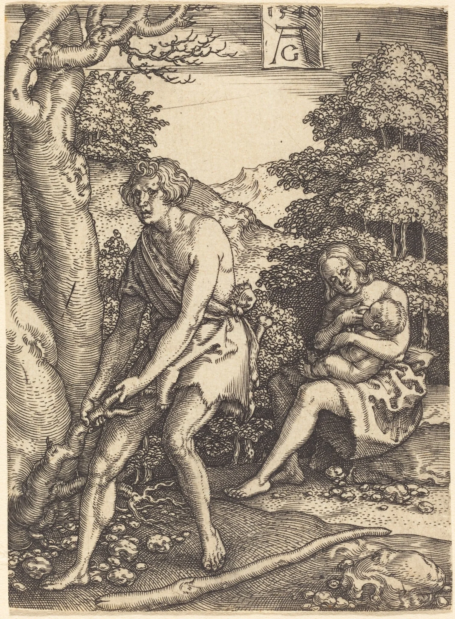 Adam and Eve at Work, by Heinrich Aldegrever, ink, 1540