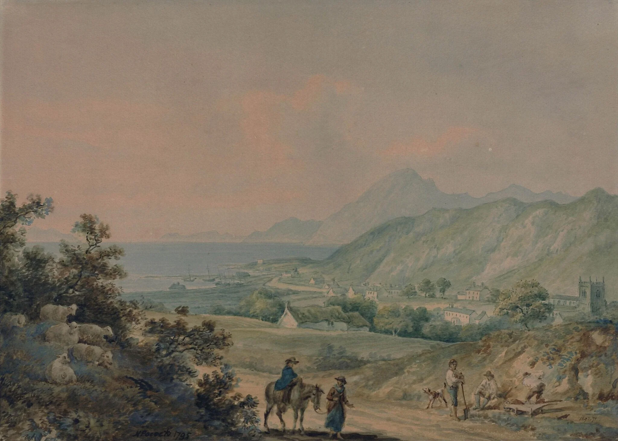 Bangor, with Penmaenmawr in the distance, by Nicholas Pocock, watercolor, 1795