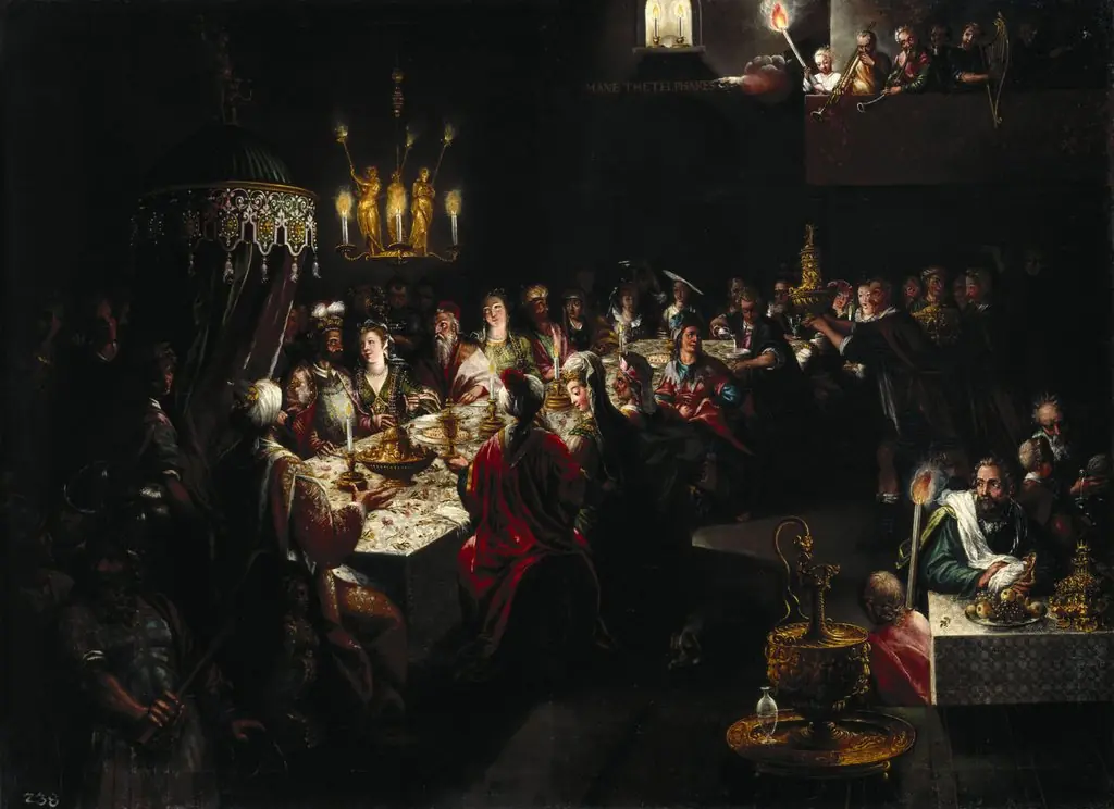 During the Belshazzar's banquet a hand appears and writes on the wall (Danel 5)