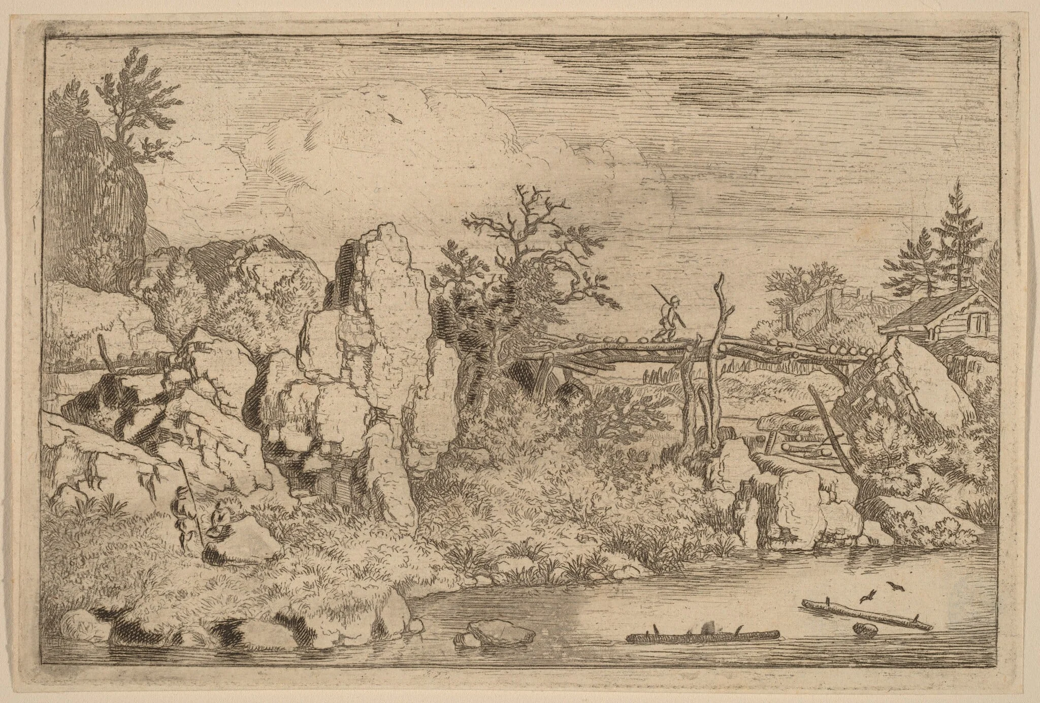 Two Logs in the Water, by Allart van Everdingen, ink, 1650
