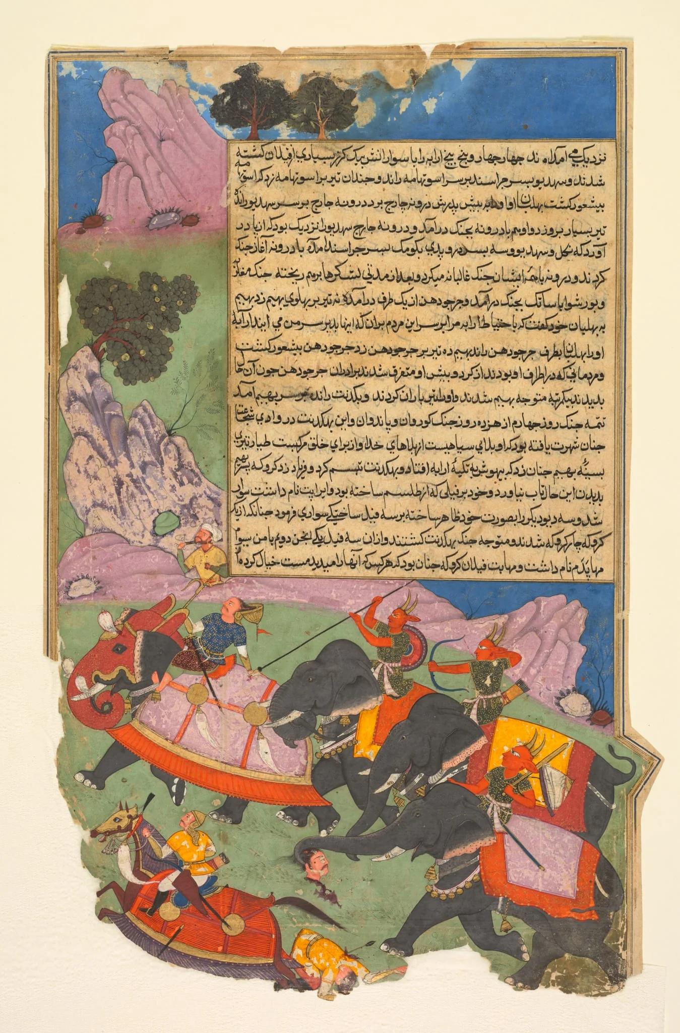 Ghatotkacha and three demons in his company chase Bhagadatta, from Bhishma-parva (volume six) of a Razm-nama (Book of Wars) adapted from the Sanskrit Mahabharata and translated into Persian by Mir Ghiyath al-Din Ali Qazvini, known as Naqib Khan (Persian, d. 1614), by Fazl, unspecified, 1616