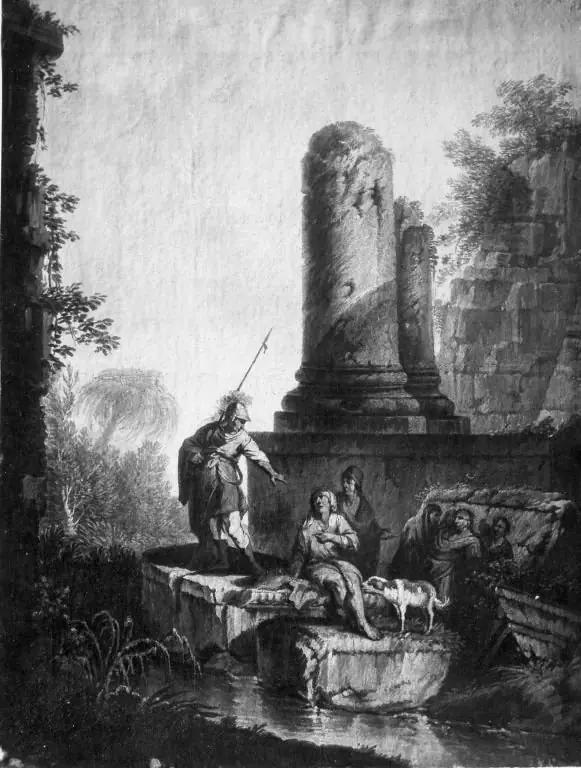 Architekturbild mit zwei Bettlern, Soldat und Hund (Kopie nach)