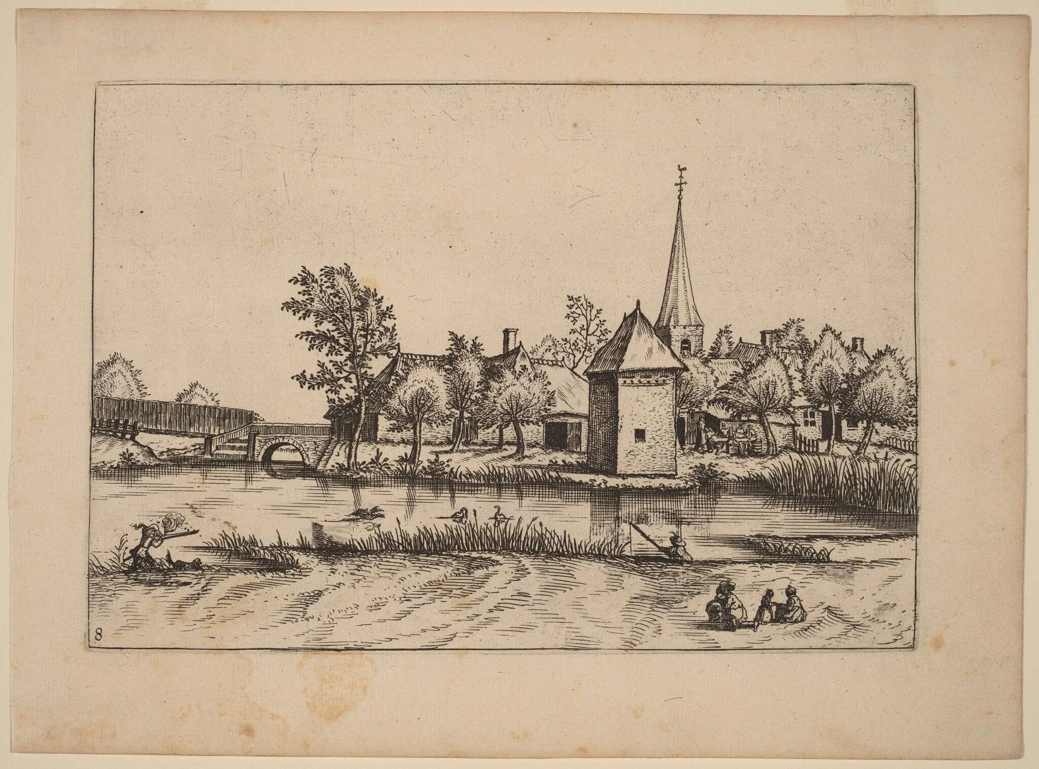 Country Village with Church and Bridge, by Johannes van Doetechum the Elder, ink, 1676