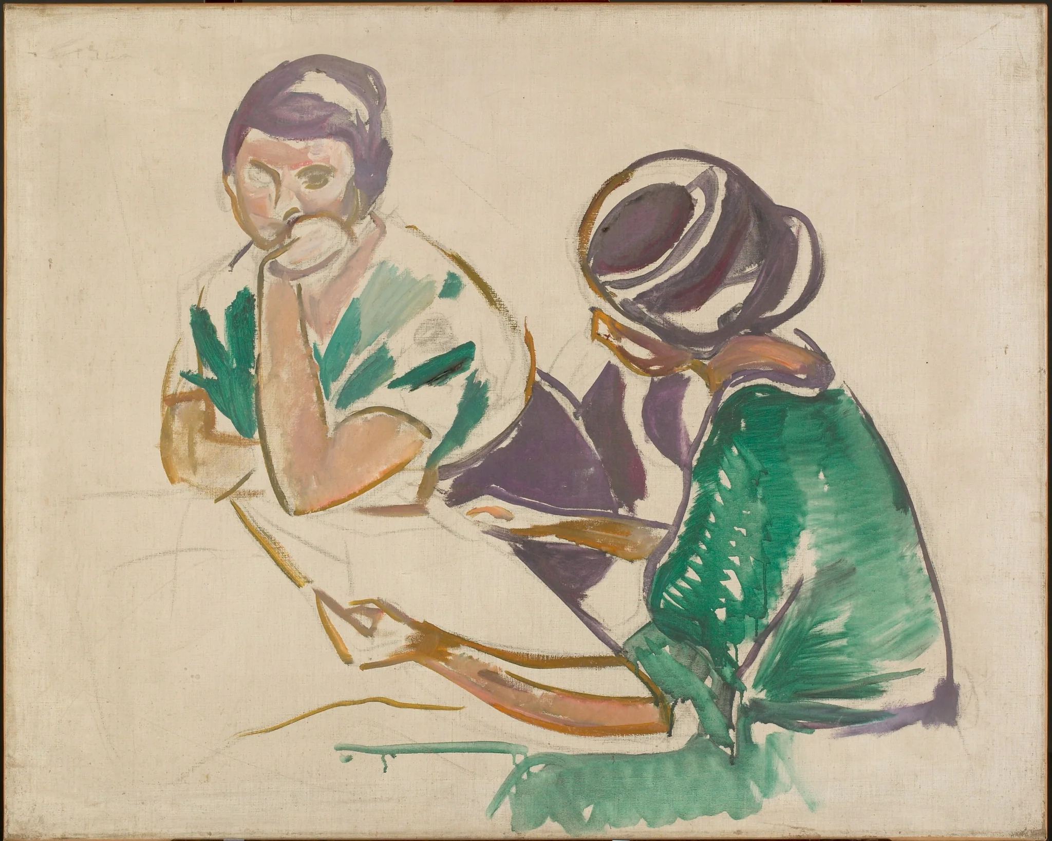 Two Women at the Table, by Edvard Munch, charcoal, 1915