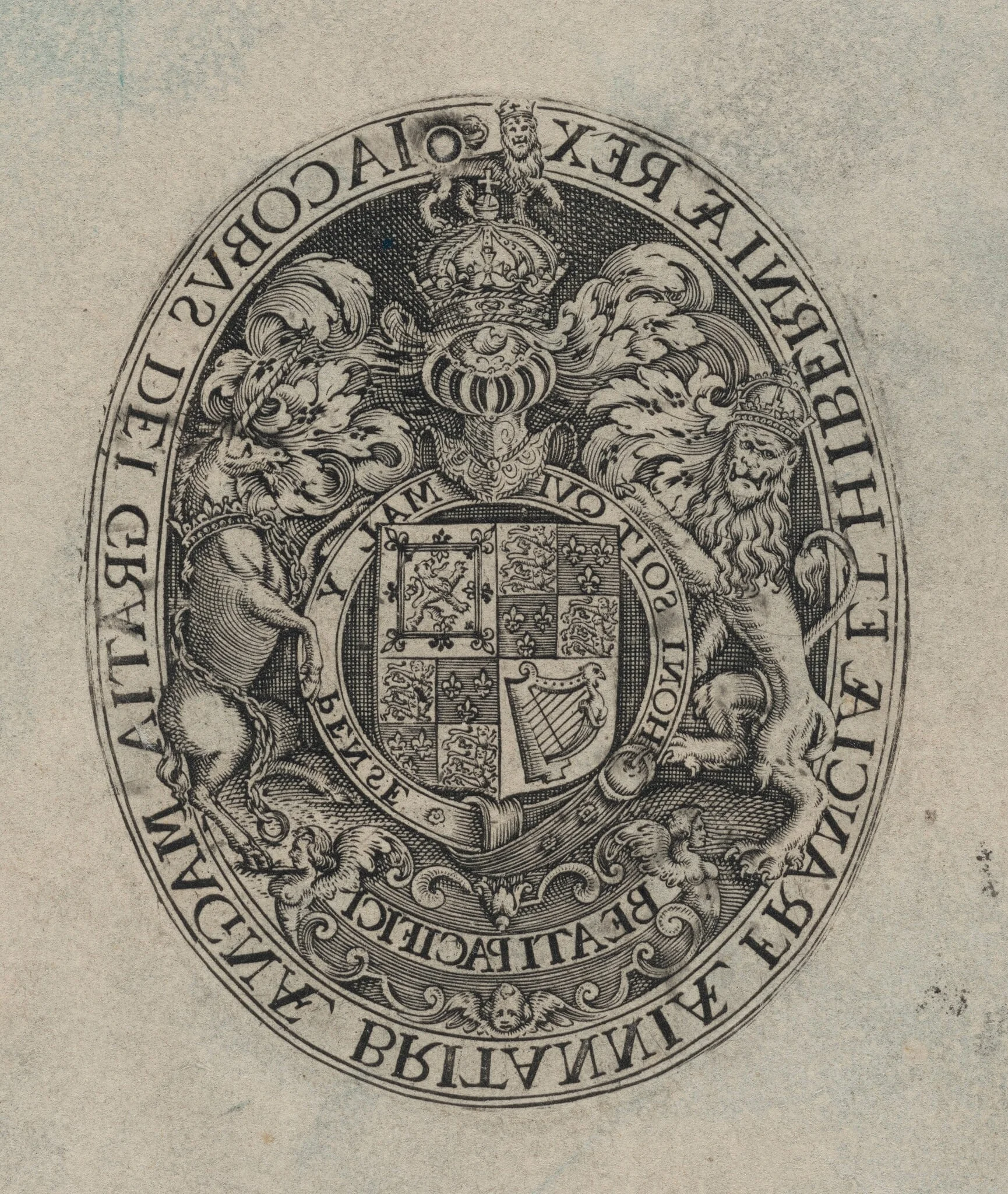 Shield of James I [bottom half], by Simon van de Passe, ink, 1621