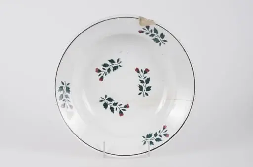 Farfurie din faianță smălțuită cu smalț alb. Vasul este de formă circulară, ușor adâncită. Pe fundul vasului decorul este floral-vegetal. Pe buza vasului se identifică trei flori, un decor geometric (cerc) ce încadrează decorul floral. Pe fundul vasului se identifică marca ”WILHELMSBURG”. Cromatică: fond alb; motive: verde; roșu.