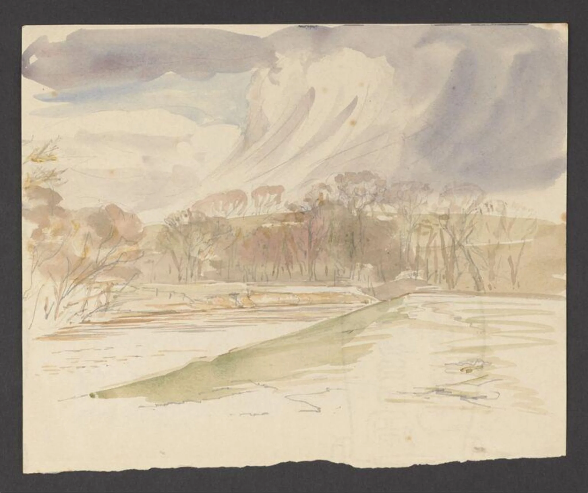 A lake and trees beneath a stormy sky, by Beatrix Potter, watercolor, 1906