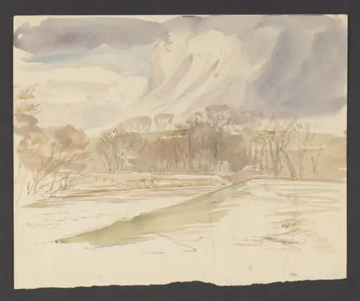 A lake and trees beneath a stormy sky