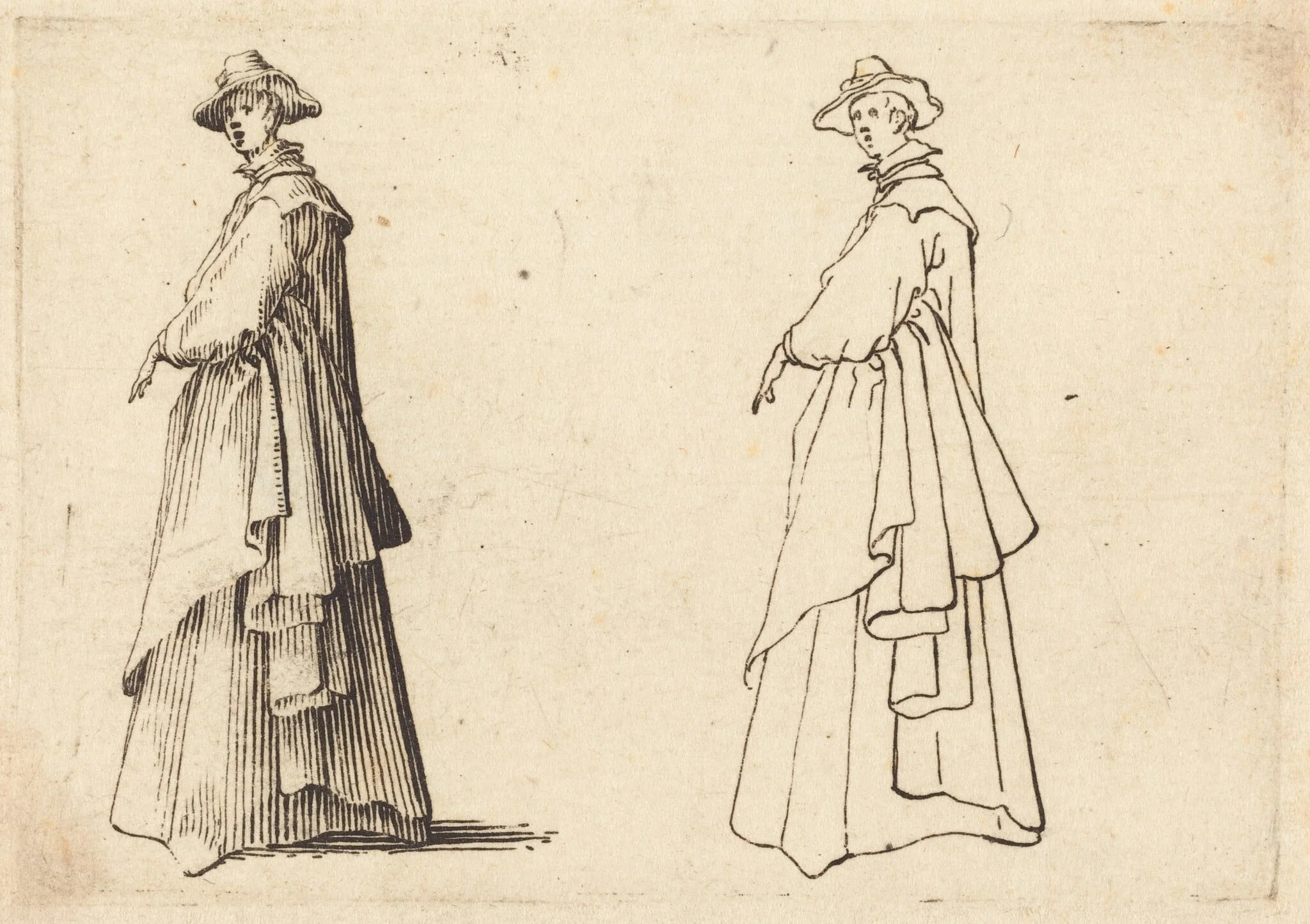 Lady in a Large Coat, by Jacques Callot, ink, 1617