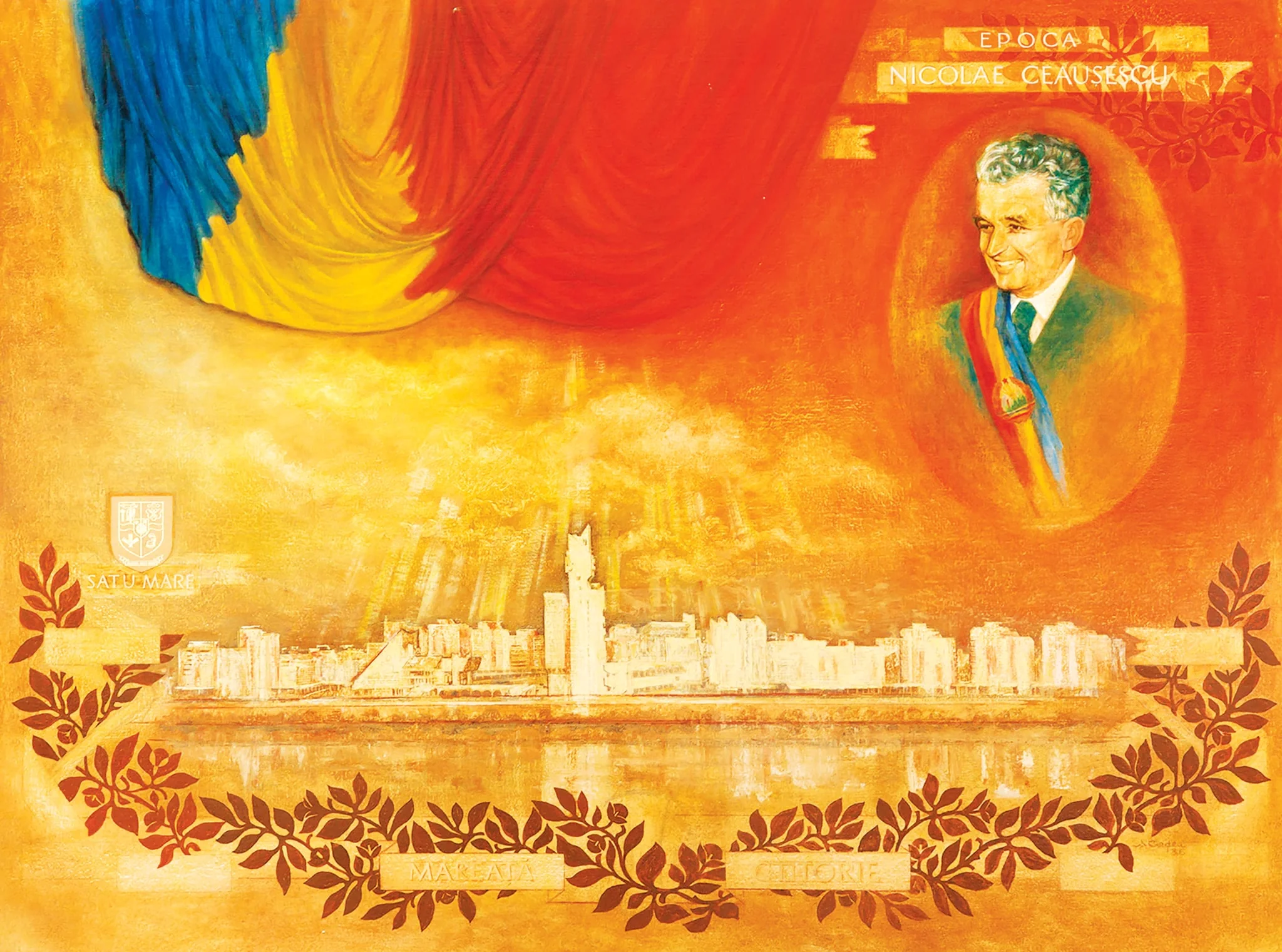 Tablou, ulei pe pânză, „Epoca Ceaușescu – Omagiu” semnat A. Cordea și datat 1986 în partea dreaptă jos. Tabloul îl prezintă pe Nicolae Ceaușescu în medalion dreapta sus privind zâmbitor la orașul Satu Mare scăldat de lumina soarelui, soarele reprezentat de tricolor și steagul PCR. Deasupra medalionului este notat cu majuscule ”EPOCA NICOLAE CEAUȘESCU”. În partea stângă stema județului Satu Mare. În partea de jos o ghirlandă, printre ramurile ei mesajul ”MĂREAȚĂ CTITORIE”. Comandat de Comitetul Județean de Partid Satu Mare (1986)