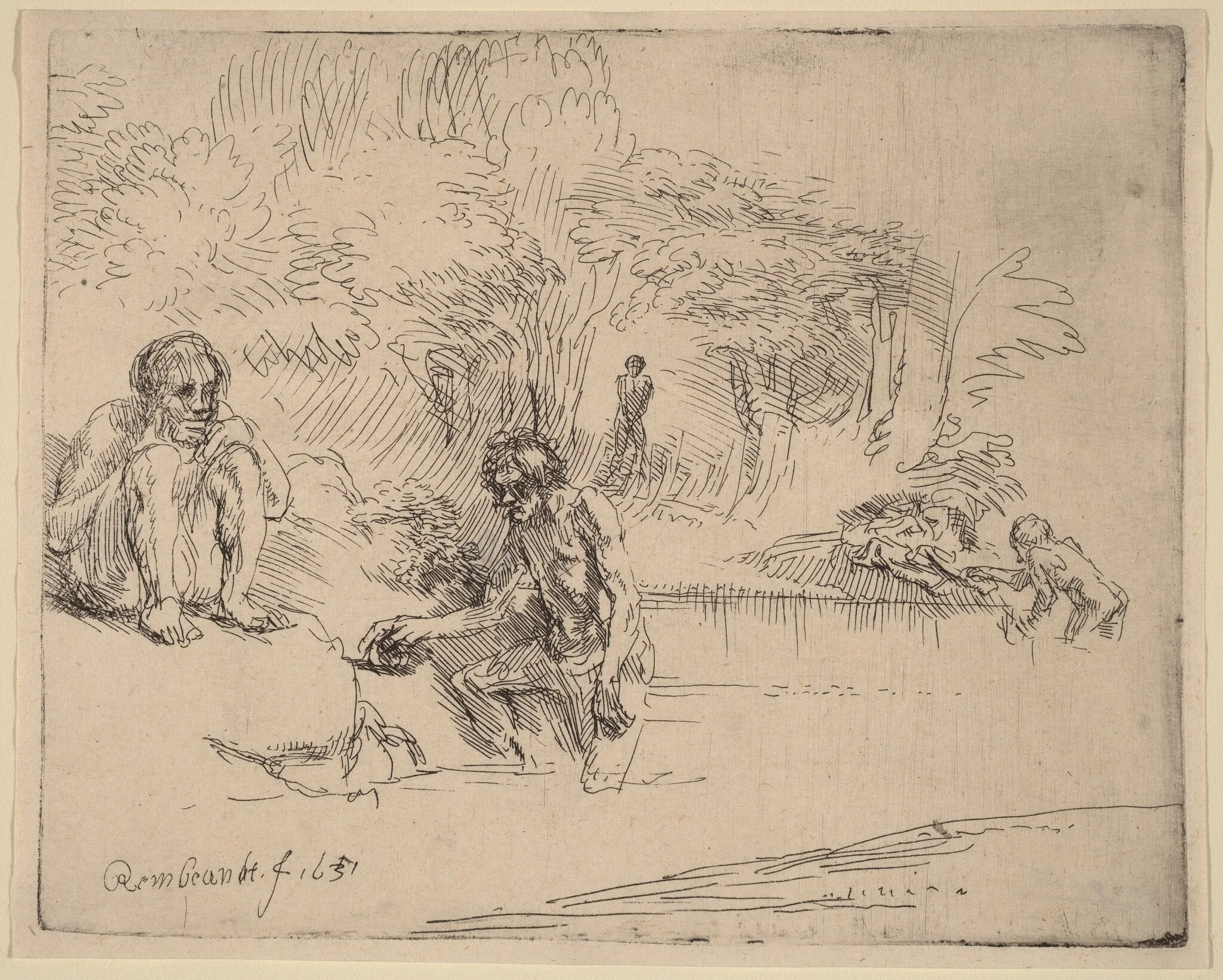 The Bathers, by Rembrandt, ink, 1651