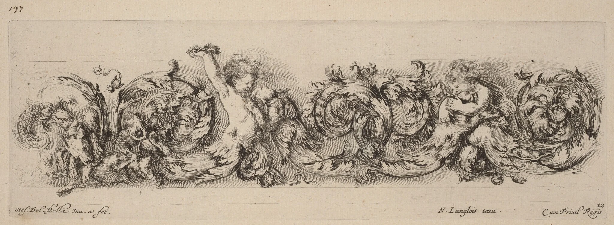 Ornamental Frieze with Children and Dogs, by Stefano Della Bella, ink, 1648