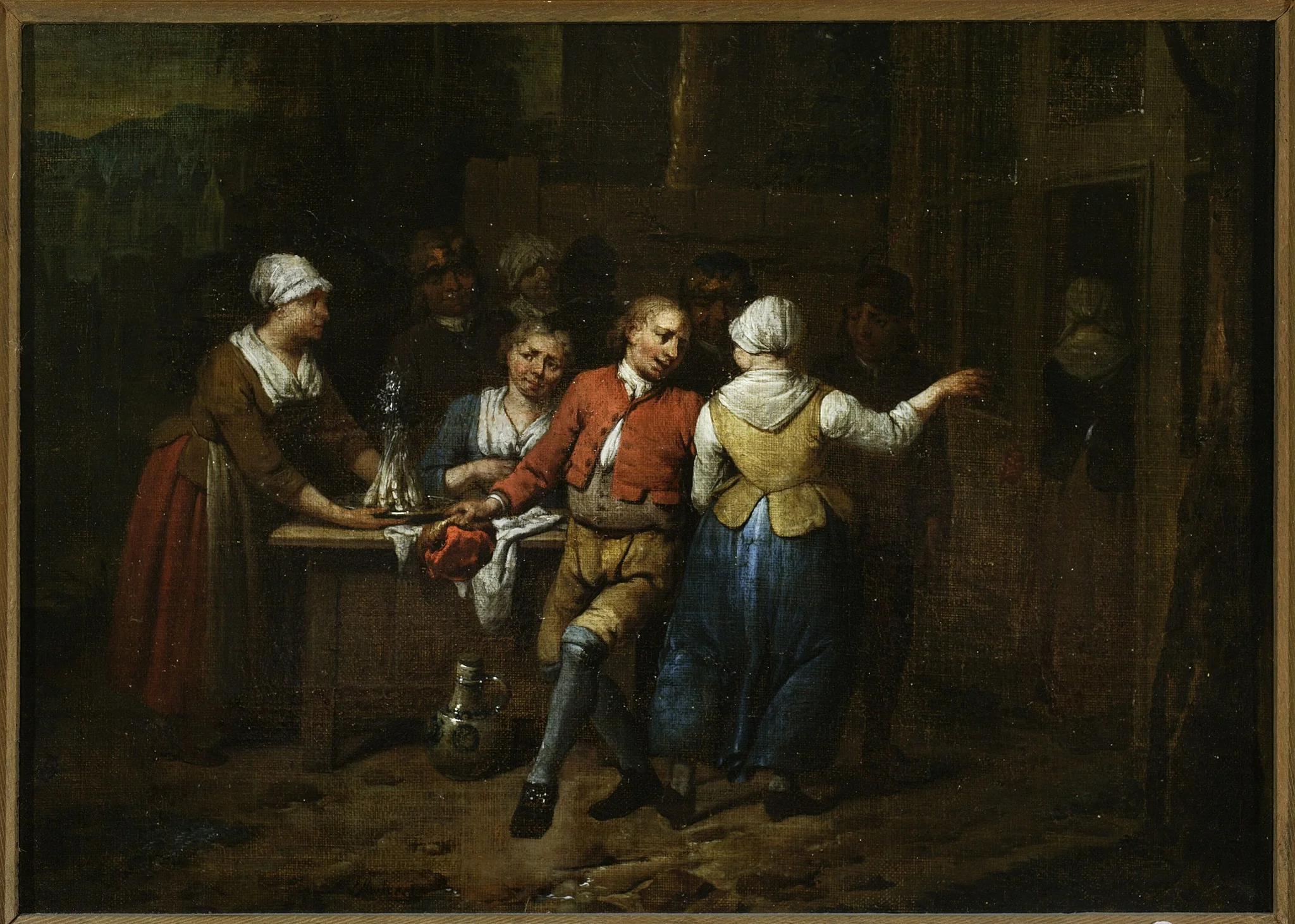 Dancing in front of a tavern, by Jan Baptist Lambrechts, oil, 1720