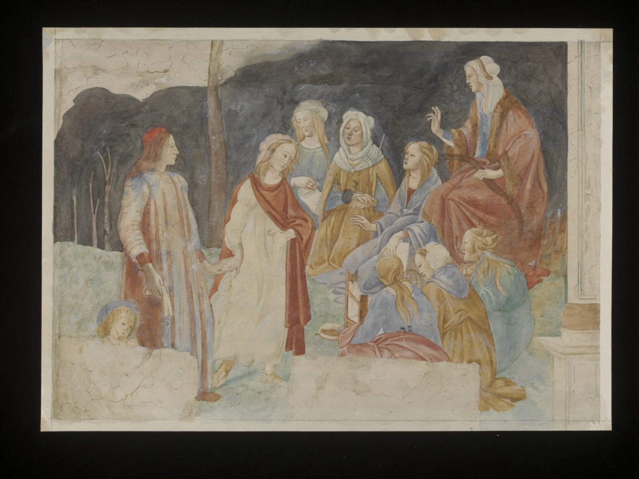 Watercolour, copy after A young man introduced to the Liberal Arts, Sandro Botticelli in the Musée du Louvre (Paris), by Sandro Botticelli, watercolor, 1487