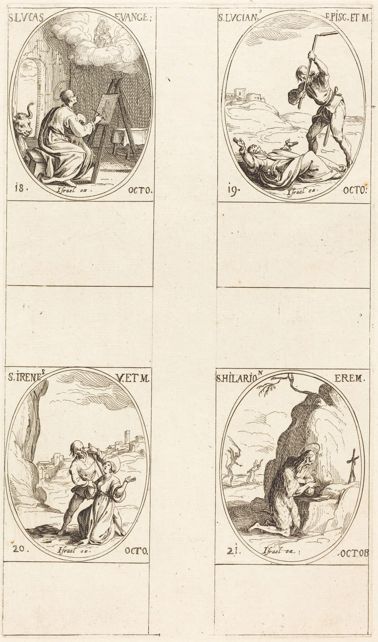 St. Luke; St. Lucian; St. Irene; St. Hilarion, by Jacques Callot, ink, 1634