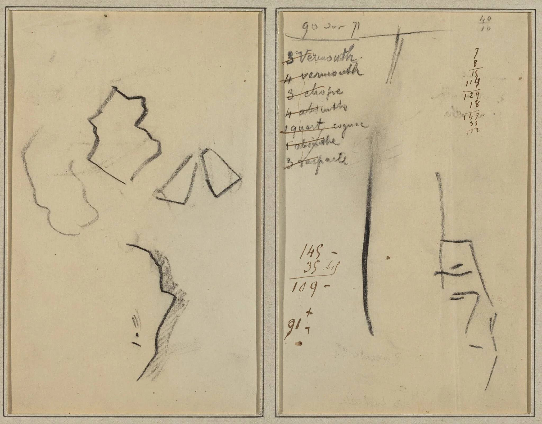 A Profile and Four Shapes; Sketch of a Man's Head [recto], by Paul Gauguin, ink, 1886