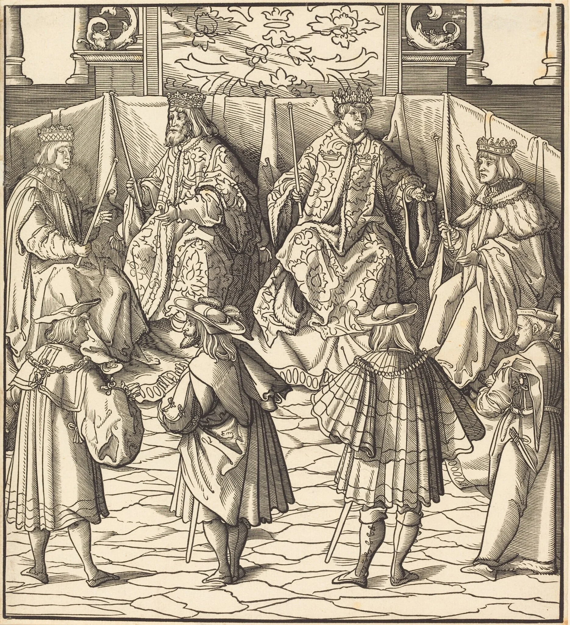 Assembly of Four Kings, in the foreground Four Men, by Leonhard Beck, ink, 1515