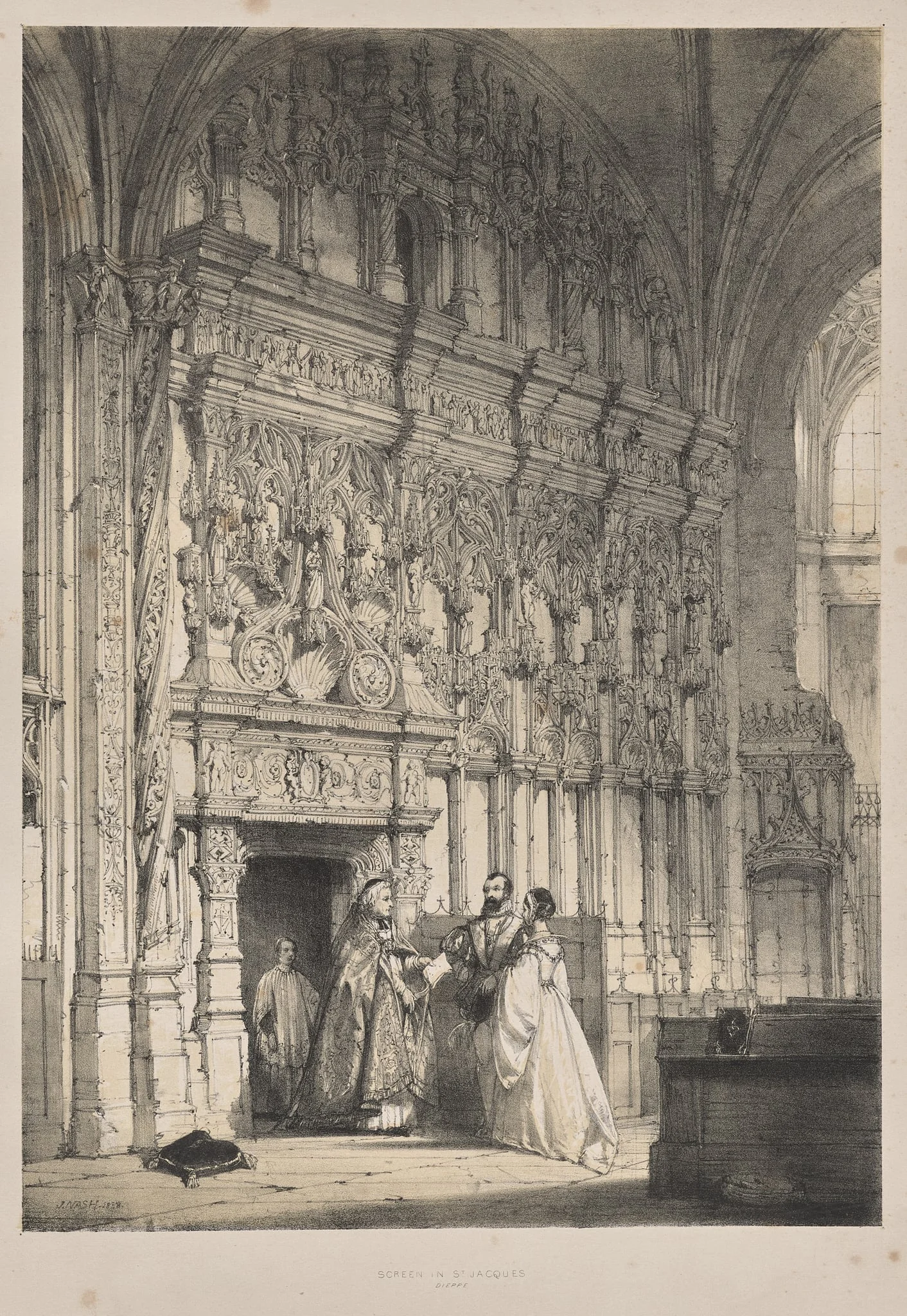 Architecture of the Middle Ages:  Screen in St. Jacques, Dieppe, by Joseph Nash, 1838