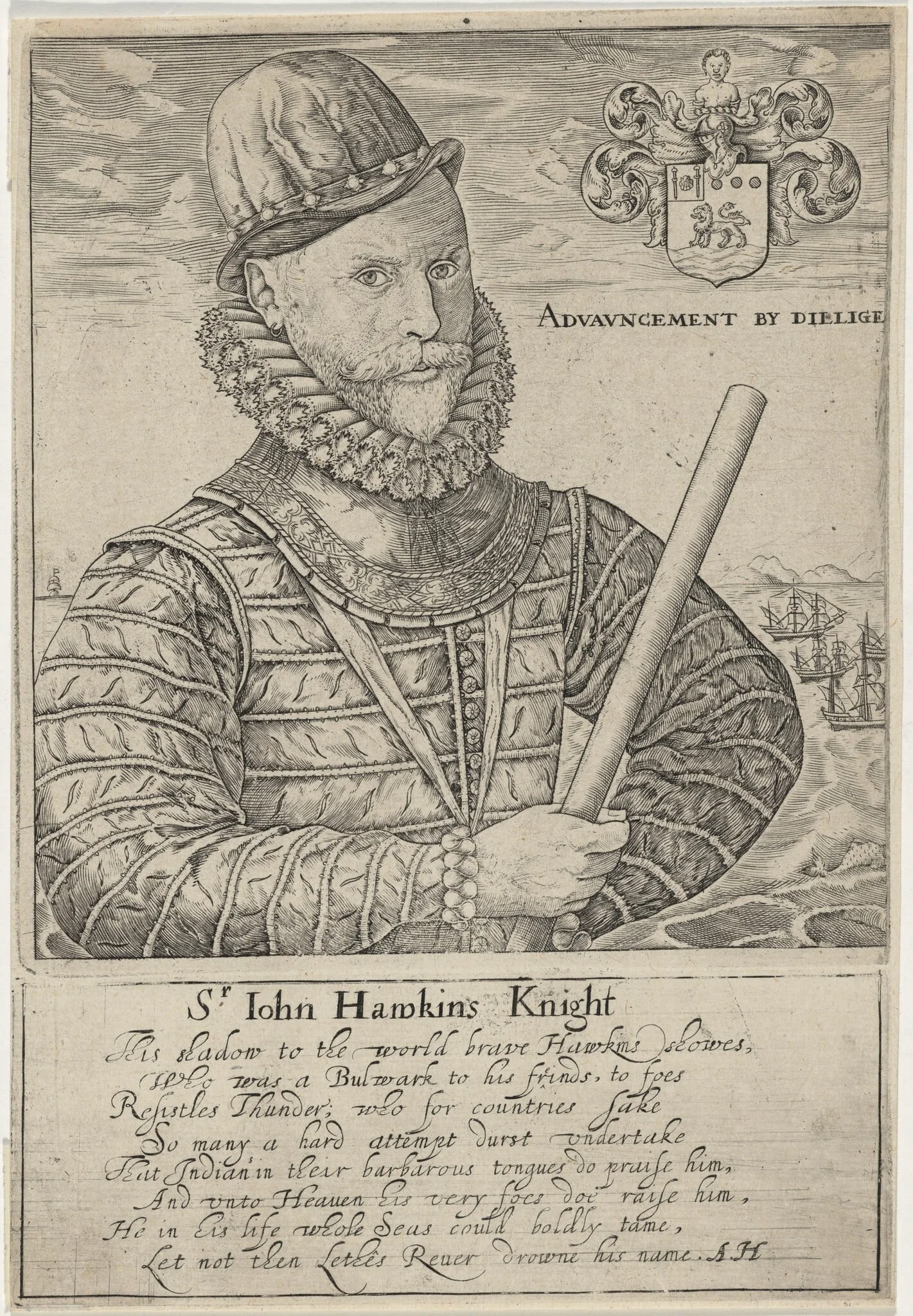 Sir John Hawkins, Naval Commander, by Robert Boissard, ink, 1610